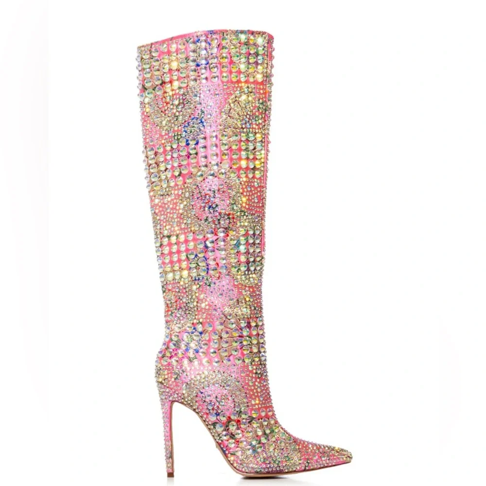 AZALEA WANG Pink Floral Embroidered Brocade Rhinestone Boots